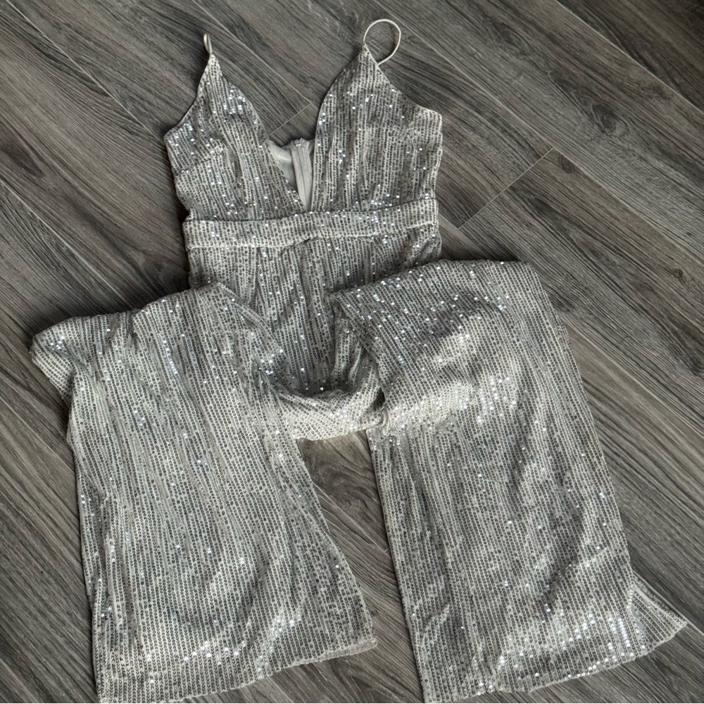 Silver Sequin Wide-Leg Jumpsuit - Size XS
